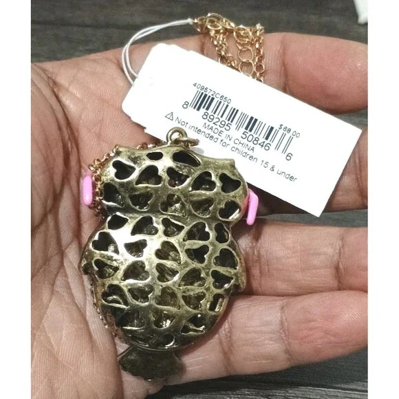 Betsey Johnson Back To Cool Owl Pink Glasses Faux Clock Pendant Necklace New - Picture 6 of 8